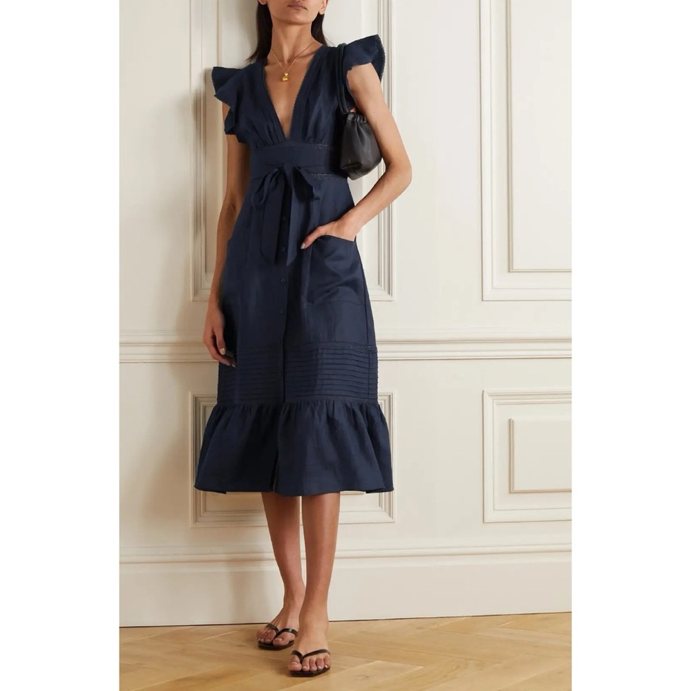 NEW Reformation Lili Linen Midi Dress (Sz 4) Ruffle Lace Trim Belted Navy Blue